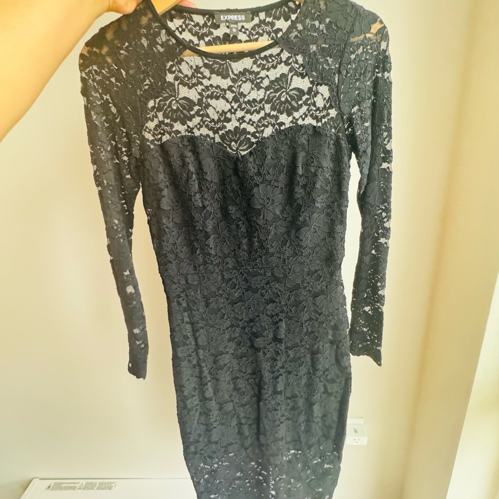 Express Elegant Black Lace Long Sleeve Dress